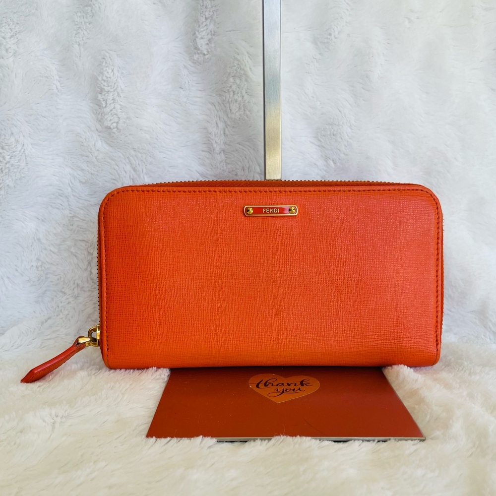 FENDI ZIP AROUND WALLET ORANGE GOLD HARDWARE